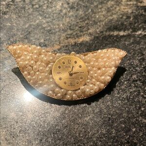 Vintage Pearl Embellished Bird Brooch with Gold Watch Face